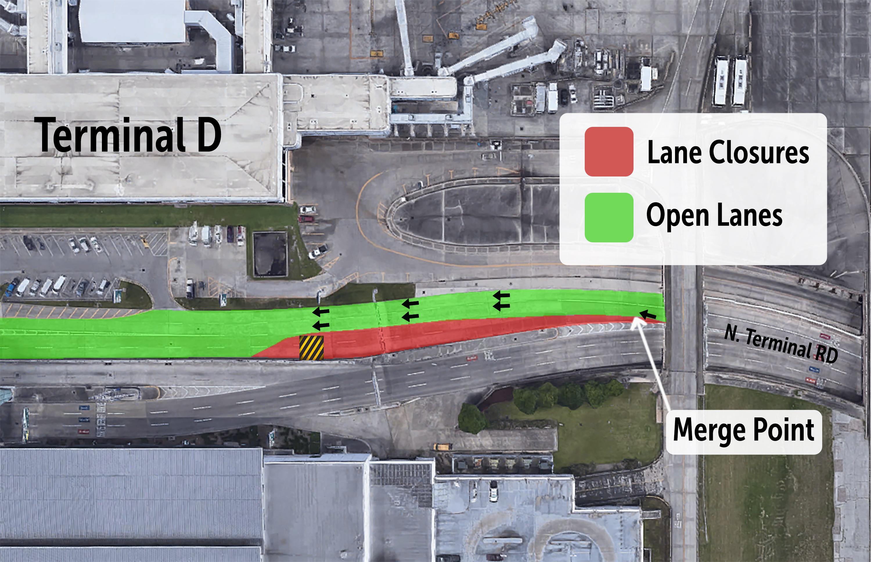 left lanes temporarily closed due to utility work at Bush Airport