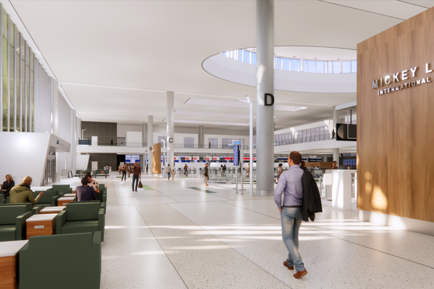 Rendering of entering ticketing area inside the new International Central Processing at Bush Airport
