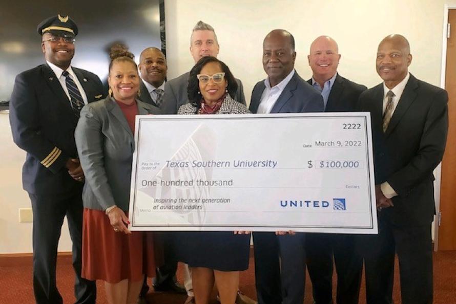 Rhonda Arnold (left foreground), Houston Airports Chief Community Relations Officer and a TSU Aviation Advisory Board member, was in attendance when United Airlines announced a $100,000 partnership with Texas Southern University (TSU), providing students in the school’s aviation science and technology program with financial aid and mentoring.