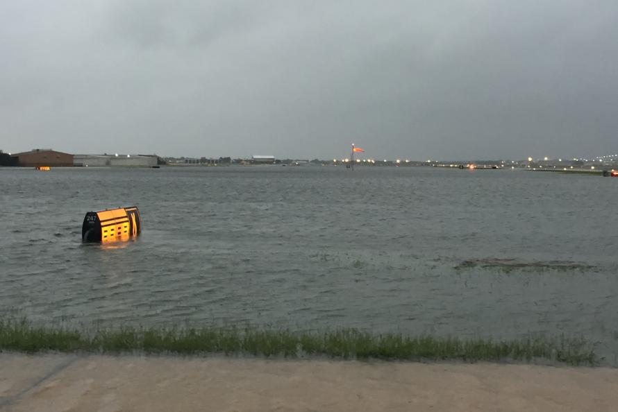 Photo of a flooded airfield at Hobby Airport during Hurricane Harvey.