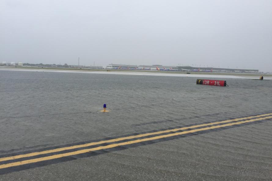 Photo of a flooded airfield at Hobby Airport during Hurricane Harvey