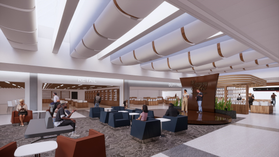 Rendering of retail, entertainment area inside new international terminal at Bush Airport 