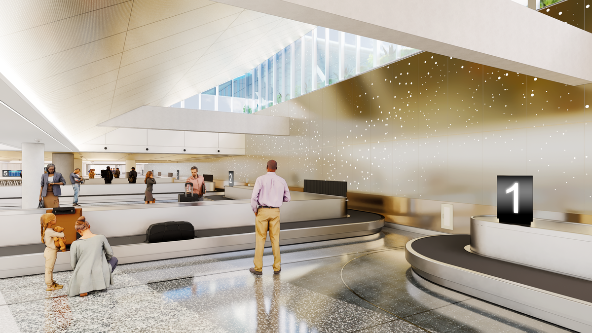 Updated HOU Baggage Claim Hall with more carousels and clerestory windows.