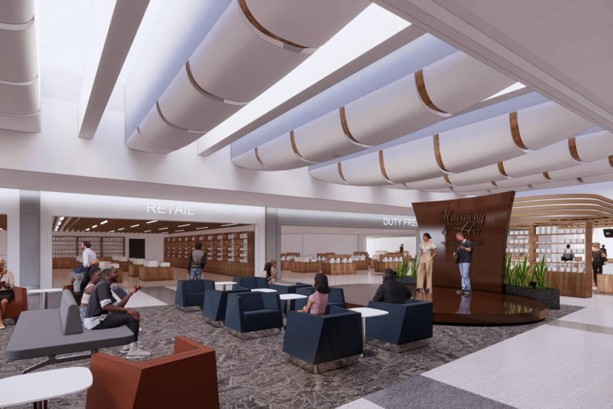Rendering of retail, entertainment area inside new international terminal at Bush Airport 