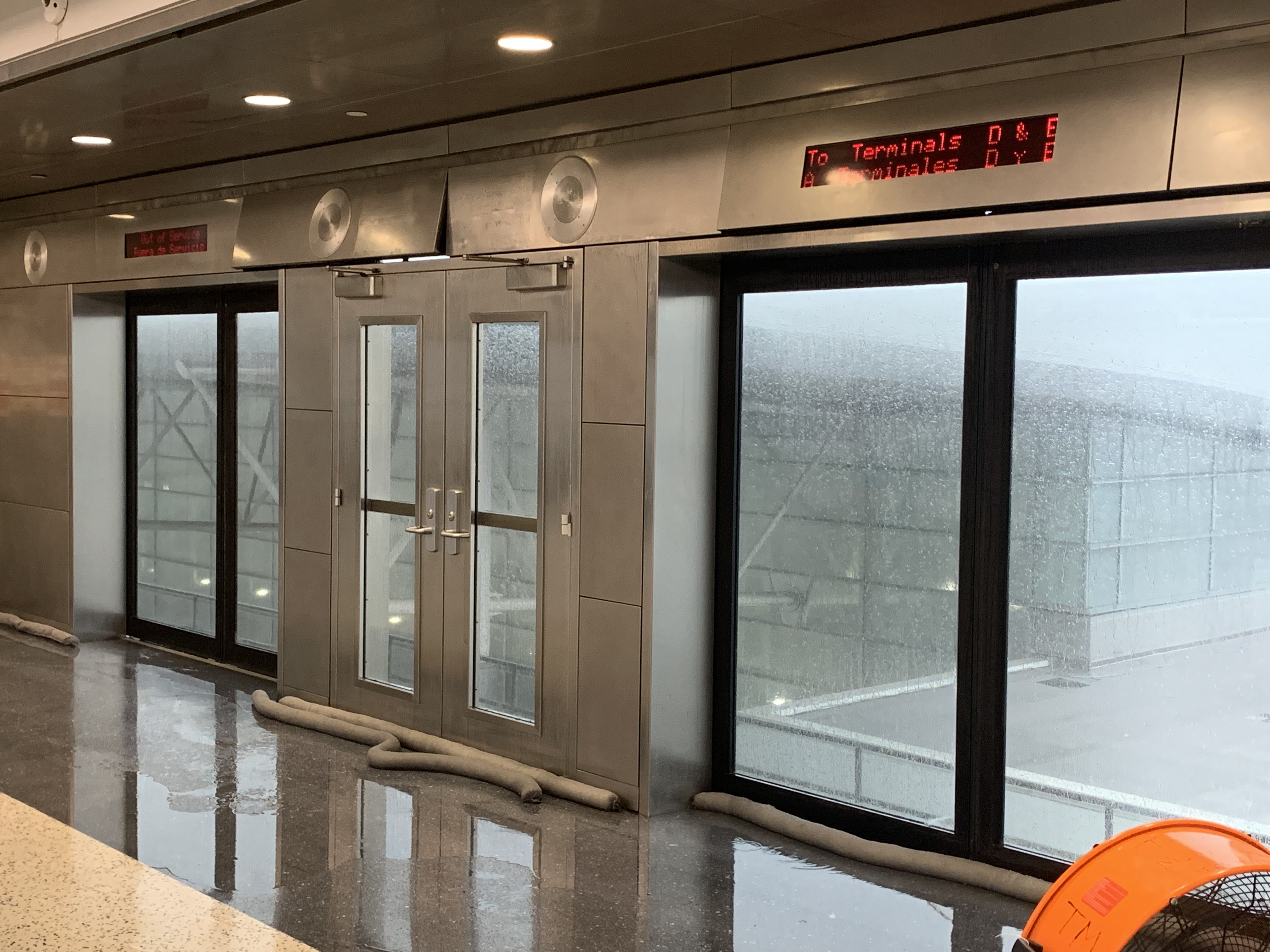 Rain entered the Skyway platform at IAH Terminal D during Hurricane Beryl.
