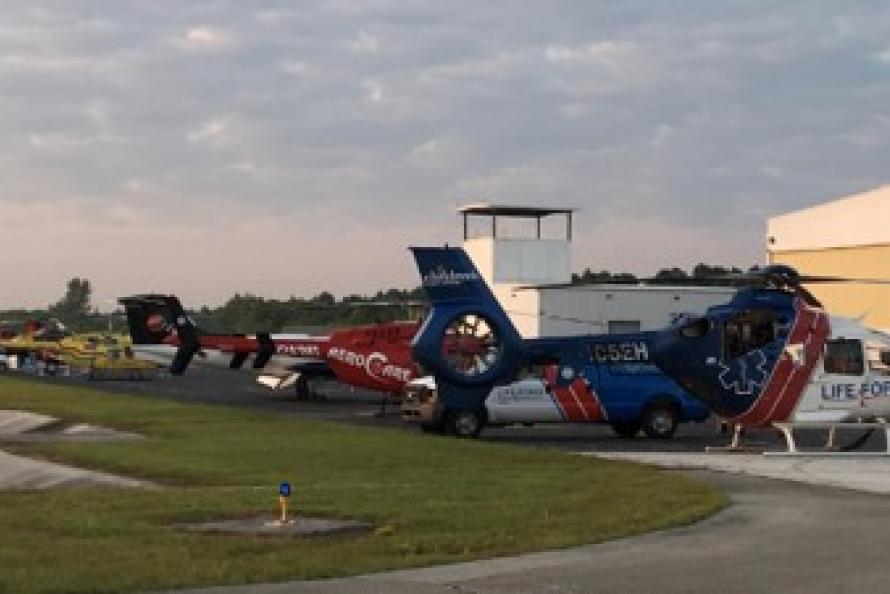 Photo of multiple air ambulances parked at George Bush Intercontinental Airport in the days after Hurricane Harvey