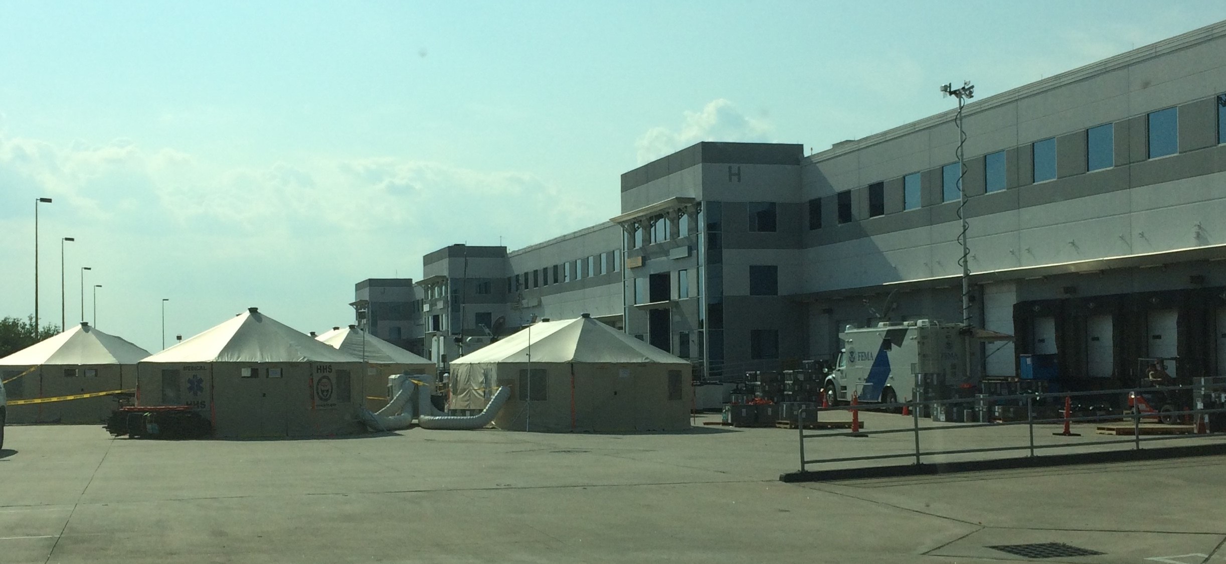 Photo of FEMA mobile command center, medical tents set up at Bush Airport in the days after Hurricane Harvey made landfall in southeast Texas.