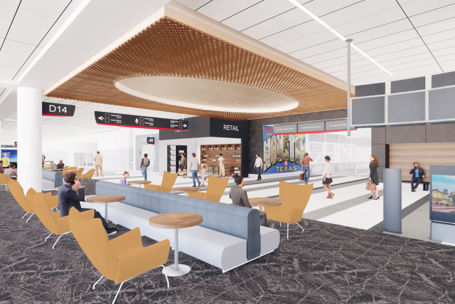 Rendering of area near international gates, concessions at Bush Airport 