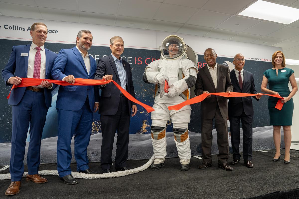 The Mayor of Houston, Director of Aviation and other distingushed guests help to cut the ribbon at the new Collins Aerospace facility at the Houston Spaceport